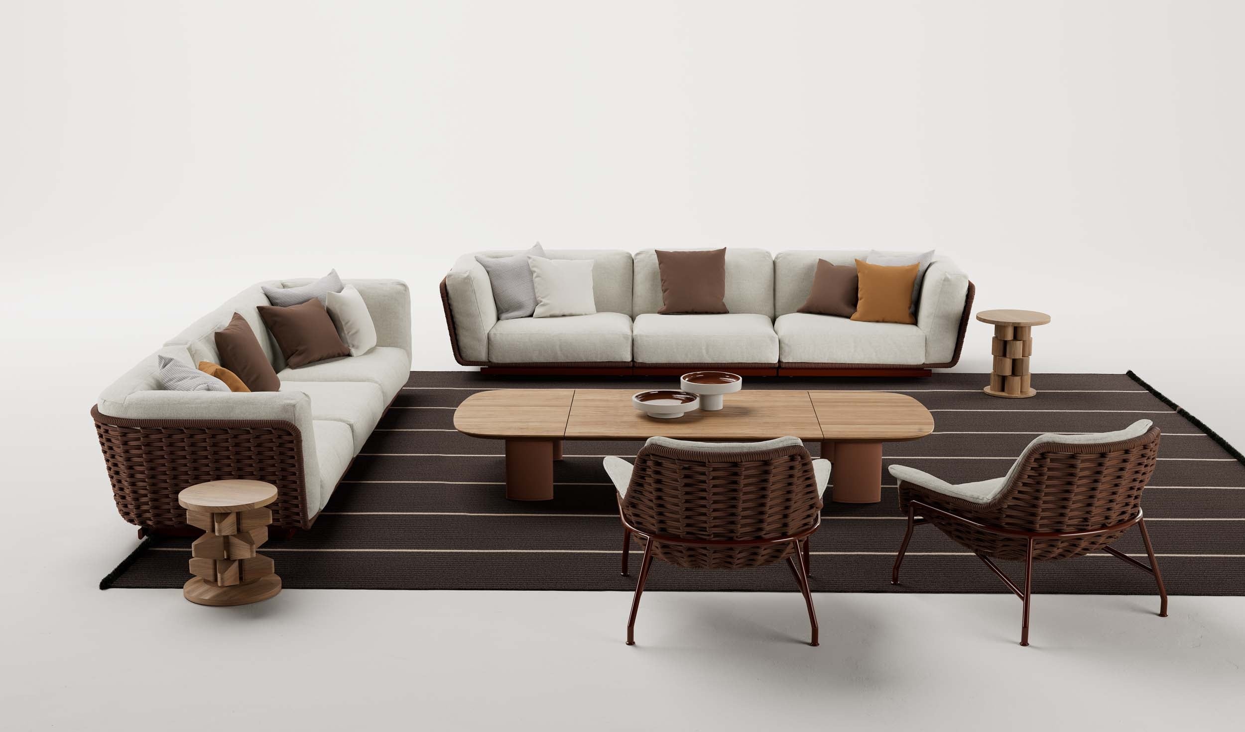 A composed outdoor setting by a premium European furniture house