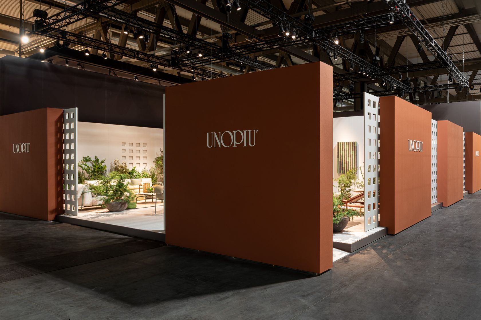 Unopiù Salone del Mobile 2025 exhibition: multiple outdoor furniture collections on display